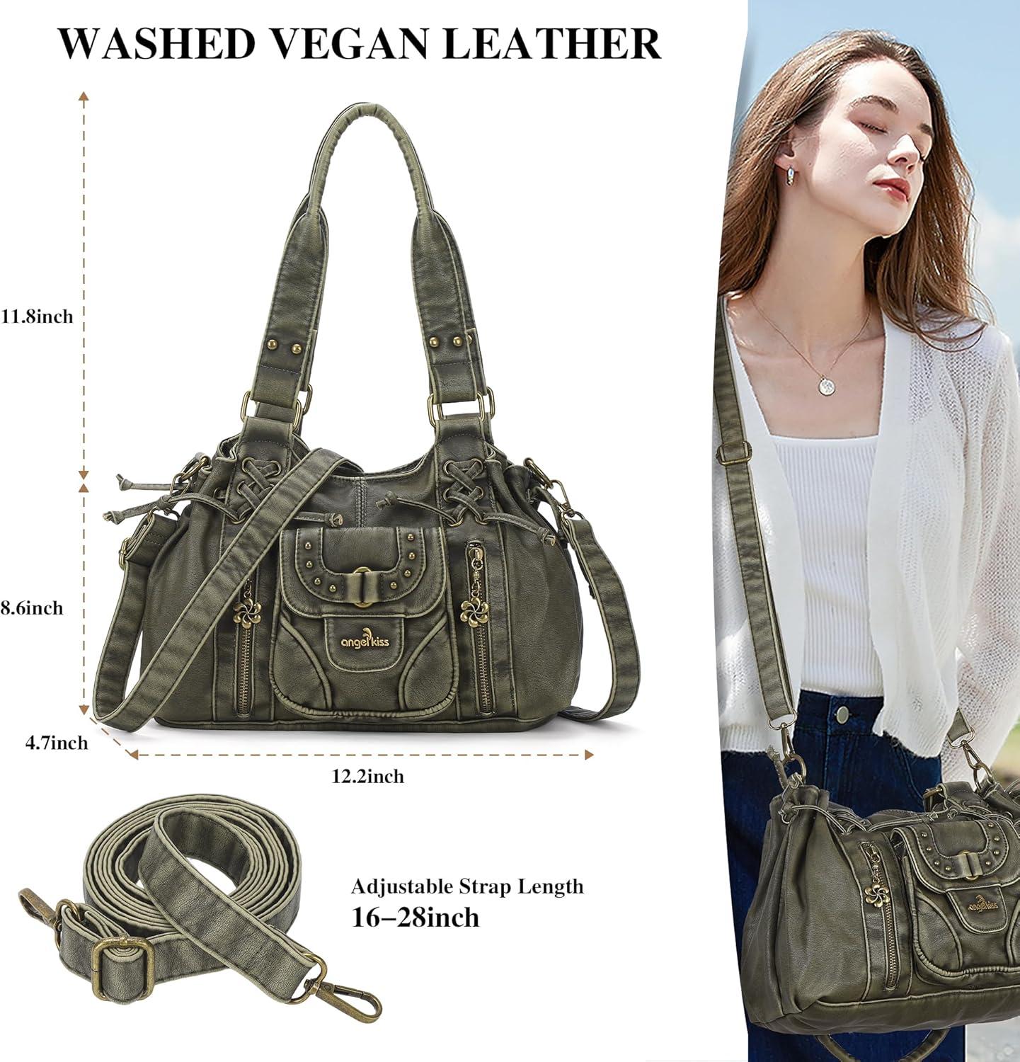 imageAngel Kiss Small hobo Bags for Women Retro Washed Leather Shoulder Handbag Roomy Top Handles Purses With Removable StrapGreen