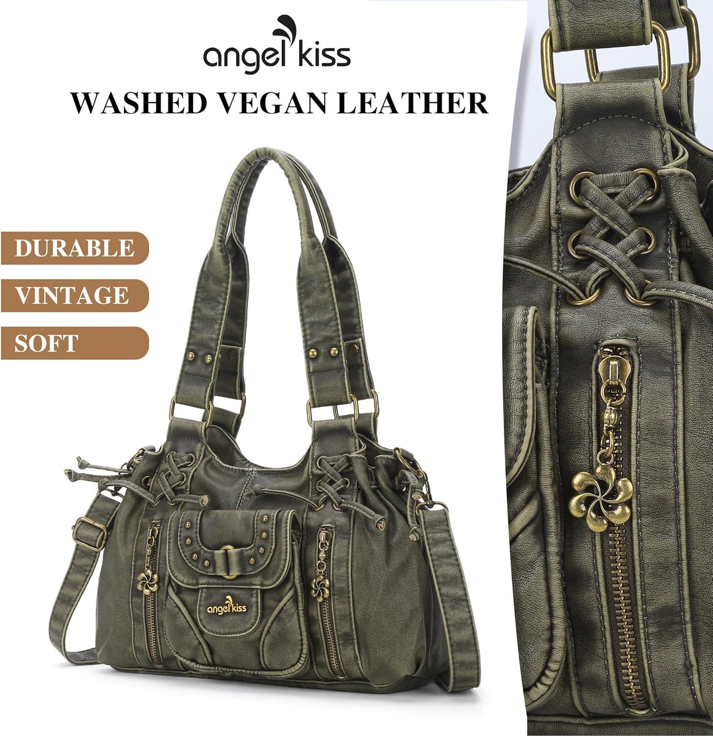 imageAngel Kiss Small hobo Bags for Women Retro Washed Leather Shoulder Handbag Roomy Top Handles Purses With Removable StrapGreen