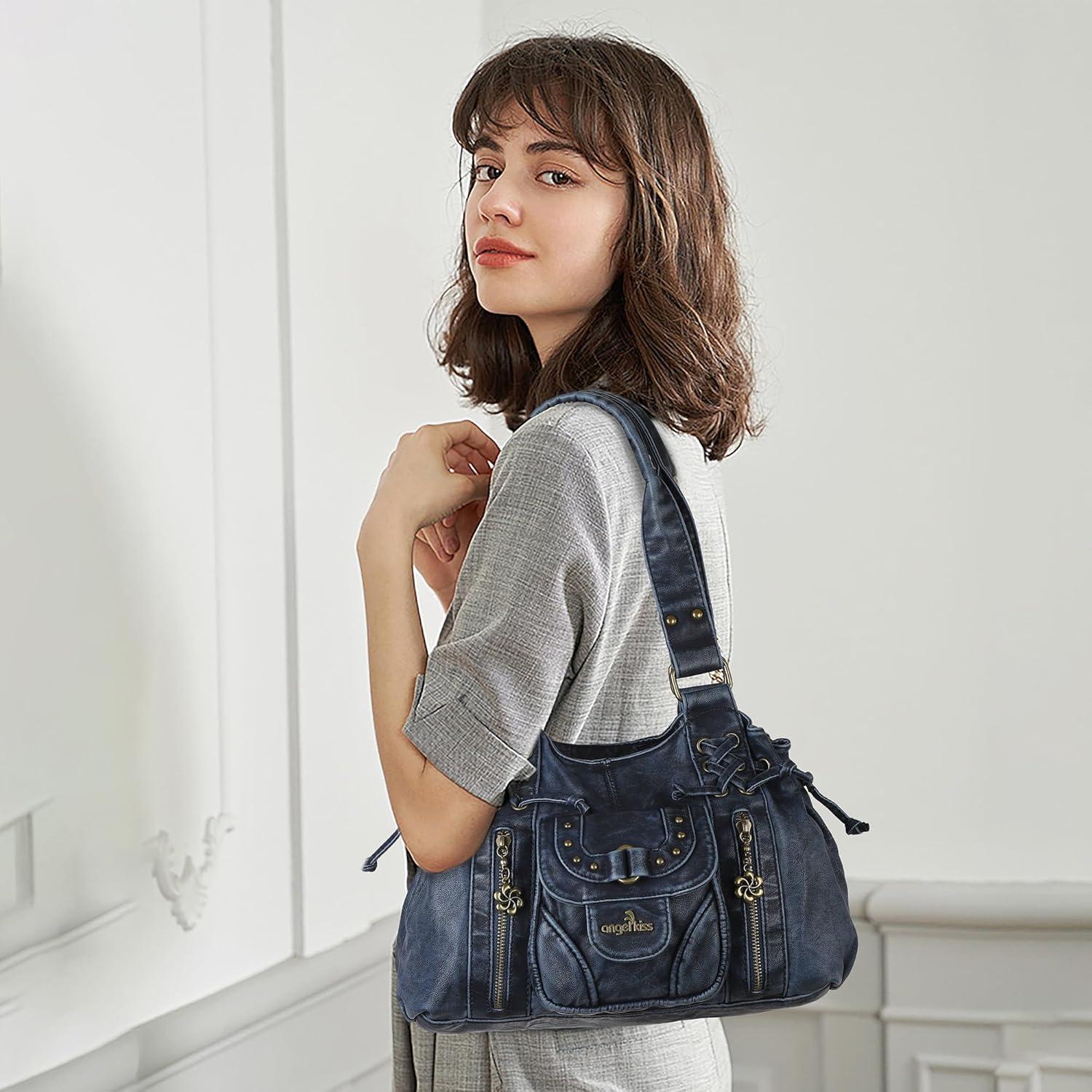 imageAngel Kiss Small hobo Bags for Women Retro Washed Leather Shoulder Handbag Roomy Top Handles Purses With Removable StrapRetro Blue