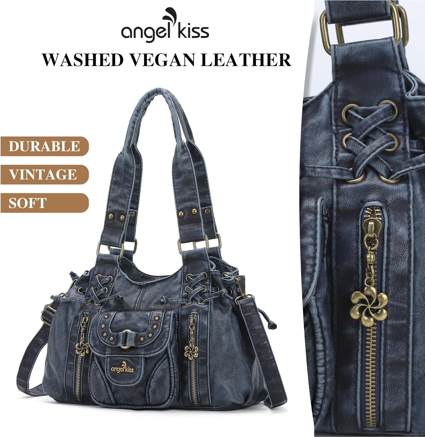 imageAngel Kiss Small hobo Bags for Women Retro Washed Leather Shoulder Handbag Roomy Top Handles Purses With Removable StrapRetro Blue