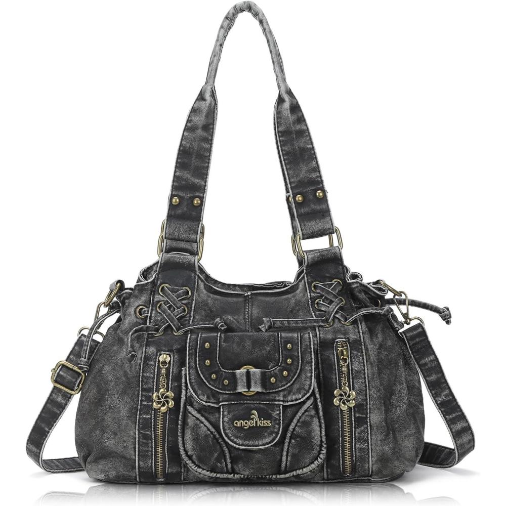 imageAngel Kiss Small hobo Bags for Women Retro Washed Leather Shoulder Handbag Roomy Top Handles Purses With Removable StrapBlack