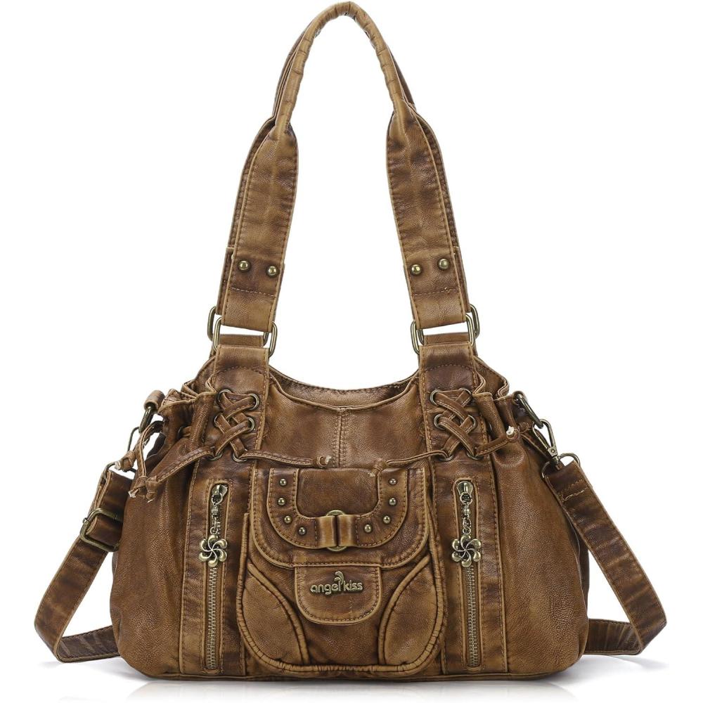 imageAngel Kiss Small hobo Bags for Women Retro Washed Leather Shoulder Handbag Roomy Top Handles Purses With Removable StrapBrown