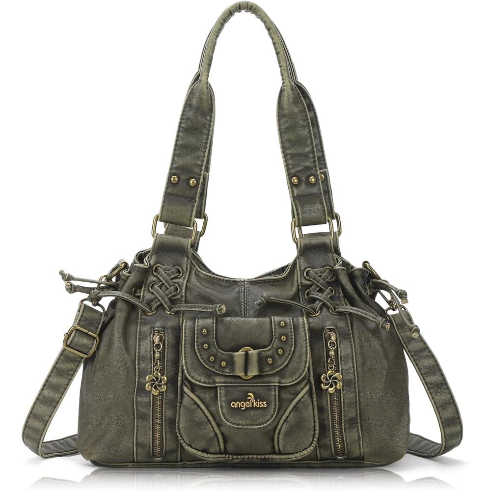 imageAngel Kiss Small hobo Bags for Women Retro Washed Leather Shoulder Handbag Roomy Top Handles Purses With Removable StrapGreen