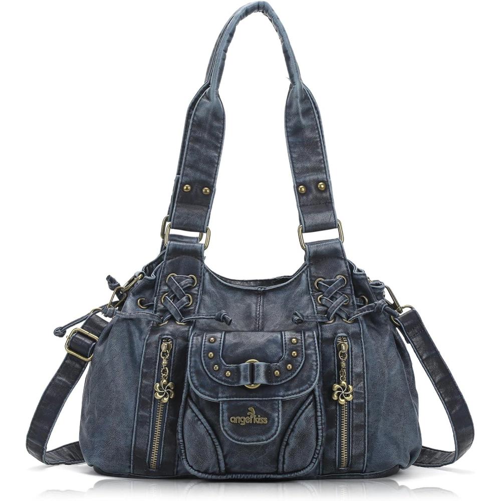 imageAngel Kiss Small hobo Bags for Women Retro Washed Leather Shoulder Handbag Roomy Top Handles Purses With Removable StrapRetro Blue