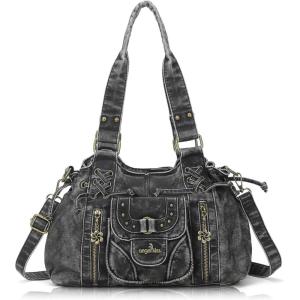 Angel Kiss Small hobo Bags for Women Retro Washed Leather Shoulder Handbag Roomy Top Handles Purses With Removable Strap(Black)