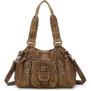 Angel Kiss Small hobo Bags for Women Retro Washed Leather Shoulder Handbag Roomy Top Handles Purses With Removable Strap(Brown)