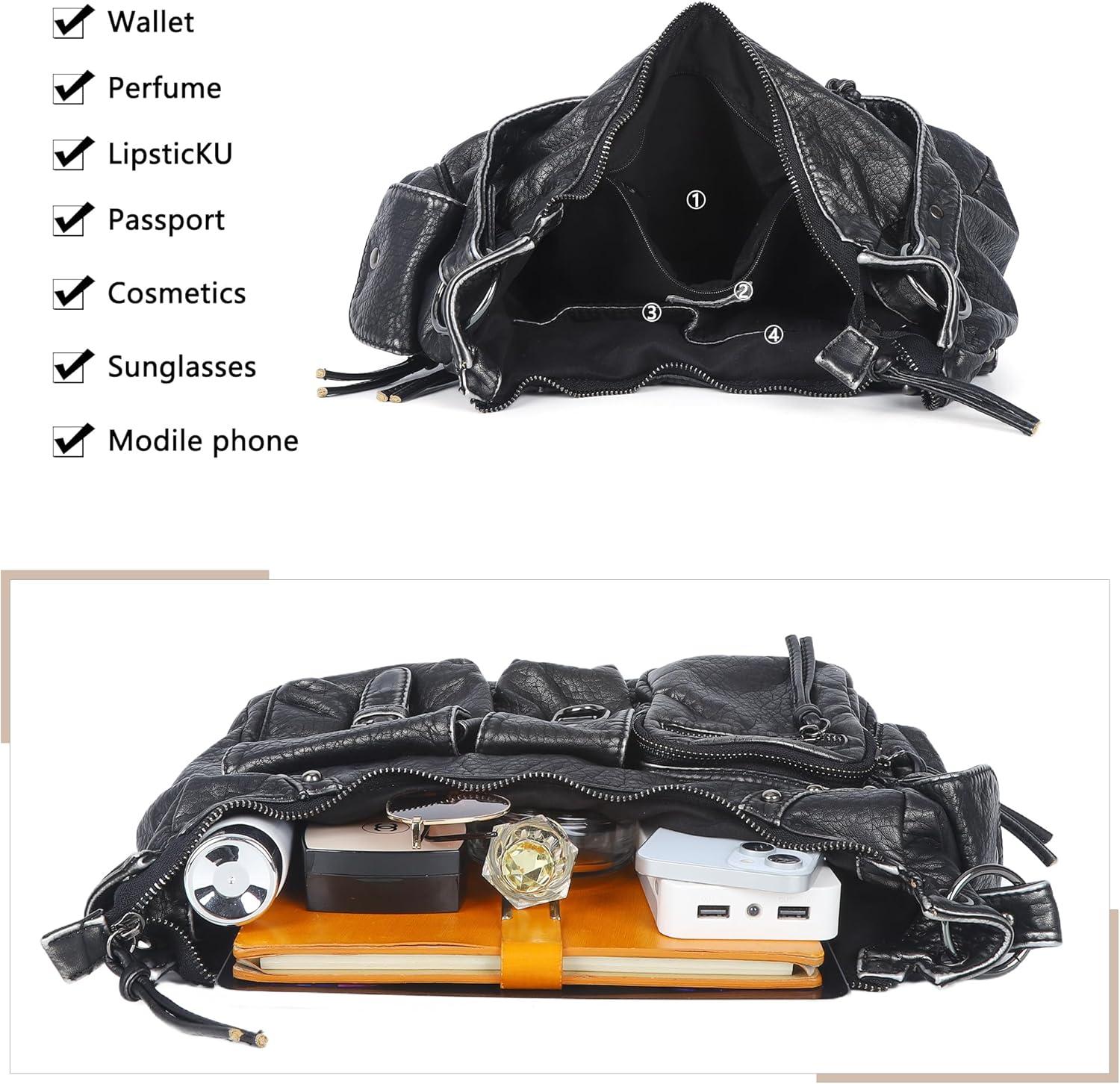 imageAngel Kiss Hobo Bag for Women Soft Vegan Leather Shoulder Handbag MultiPocket Tote Crossbody Bag Removable StrapSilver Black