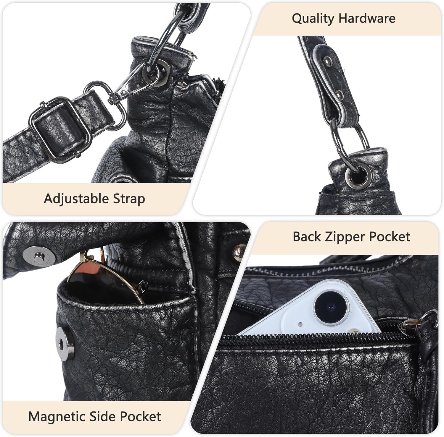 imageAngel Kiss Hobo Bag for Women Soft Vegan Leather Shoulder Handbag MultiPocket Tote Crossbody Bag Removable StrapSilver Black