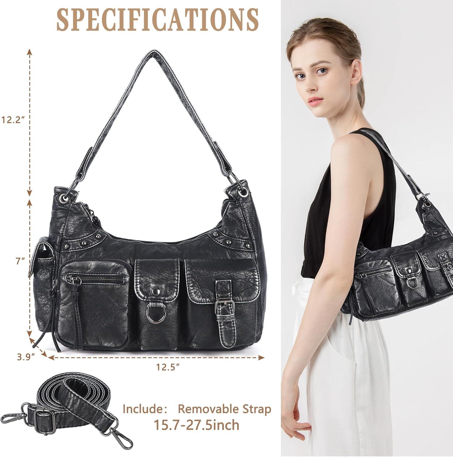 imageAngel Kiss Hobo Bag for Women Soft Vegan Leather Shoulder Handbag MultiPocket Tote Crossbody Bag Removable StrapSilver Black