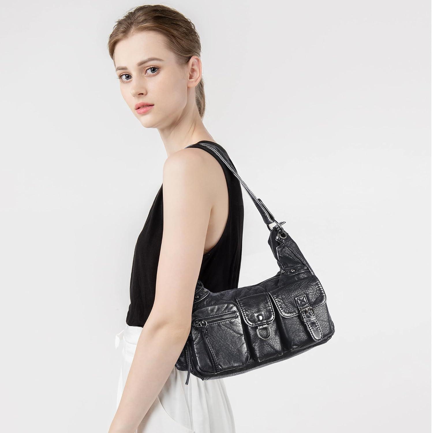 imageAngel Kiss Hobo Bag for Women Soft Vegan Leather Shoulder Handbag MultiPocket Tote Crossbody Bag Removable StrapSilver Black