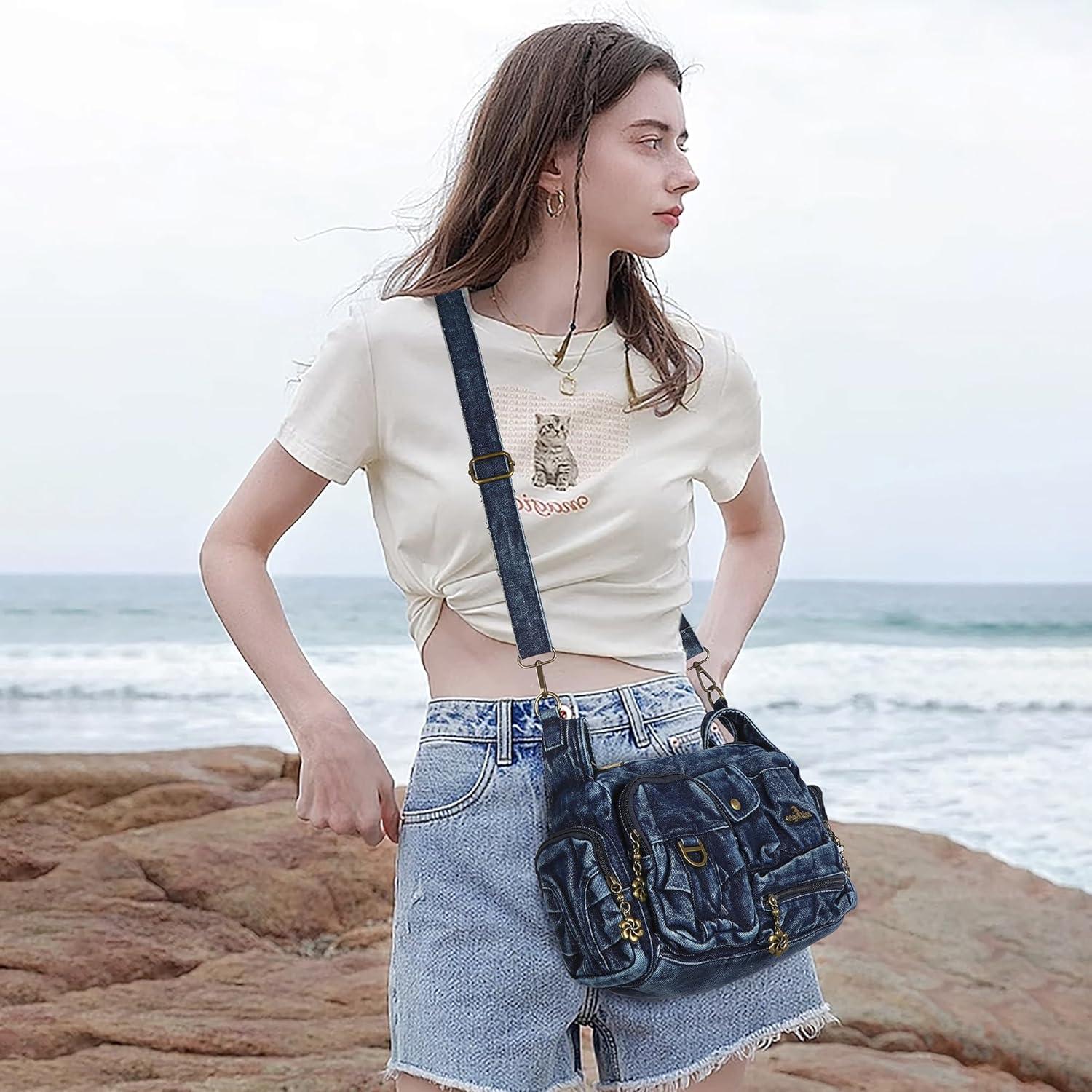 imageAngel Kiss Hobo Bags for WomenVintage Shoulder Purses for WomenSmall Crossbody Handbag with Adjustable StrapDenim Blue