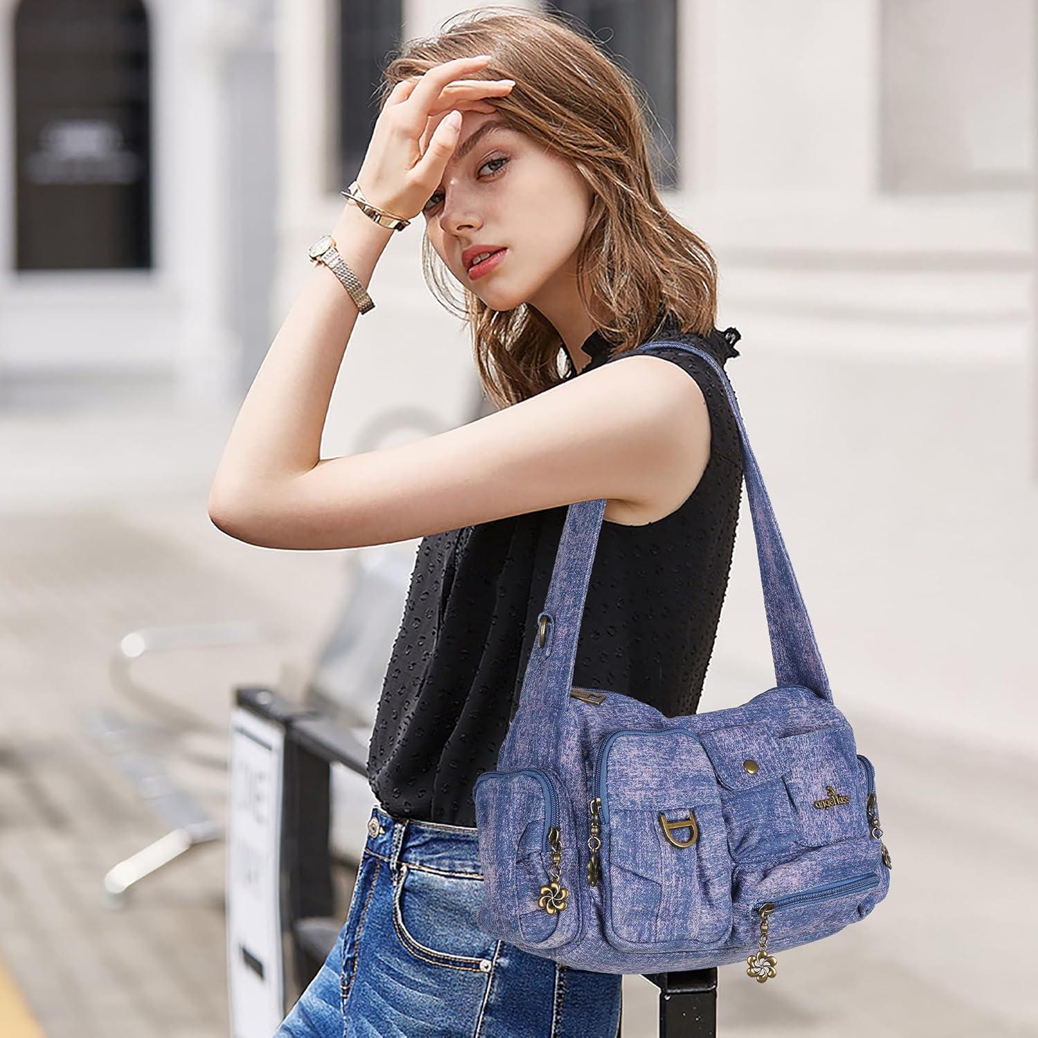 imageAngel Kiss Hobo Bags for WomenVintage Shoulder Purses for WomenSmall Crossbody Handbag with Adjustable StrapDenim Pink Blue