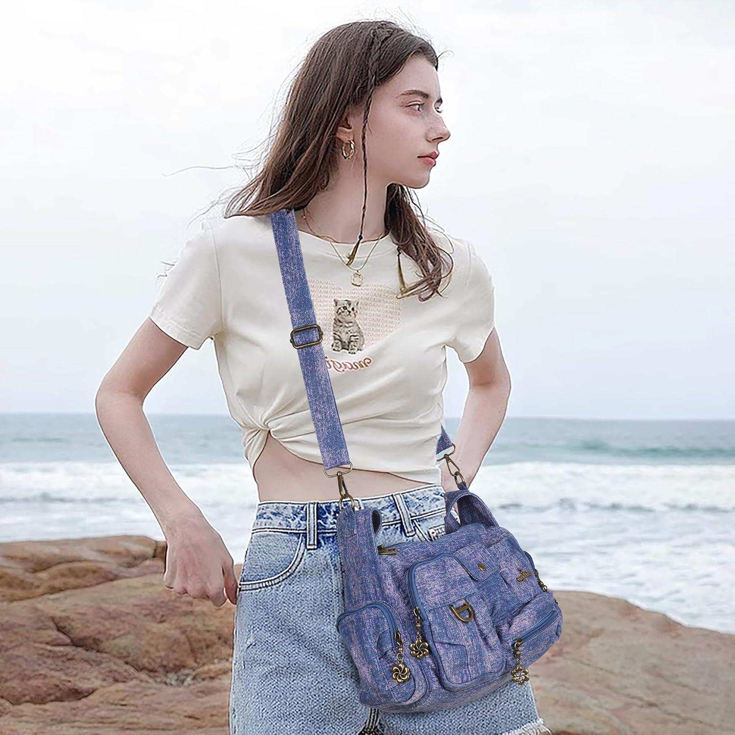 imageAngel Kiss Hobo Bags for WomenVintage Shoulder Purses for WomenSmall Crossbody Handbag with Adjustable StrapDenim Pink Blue