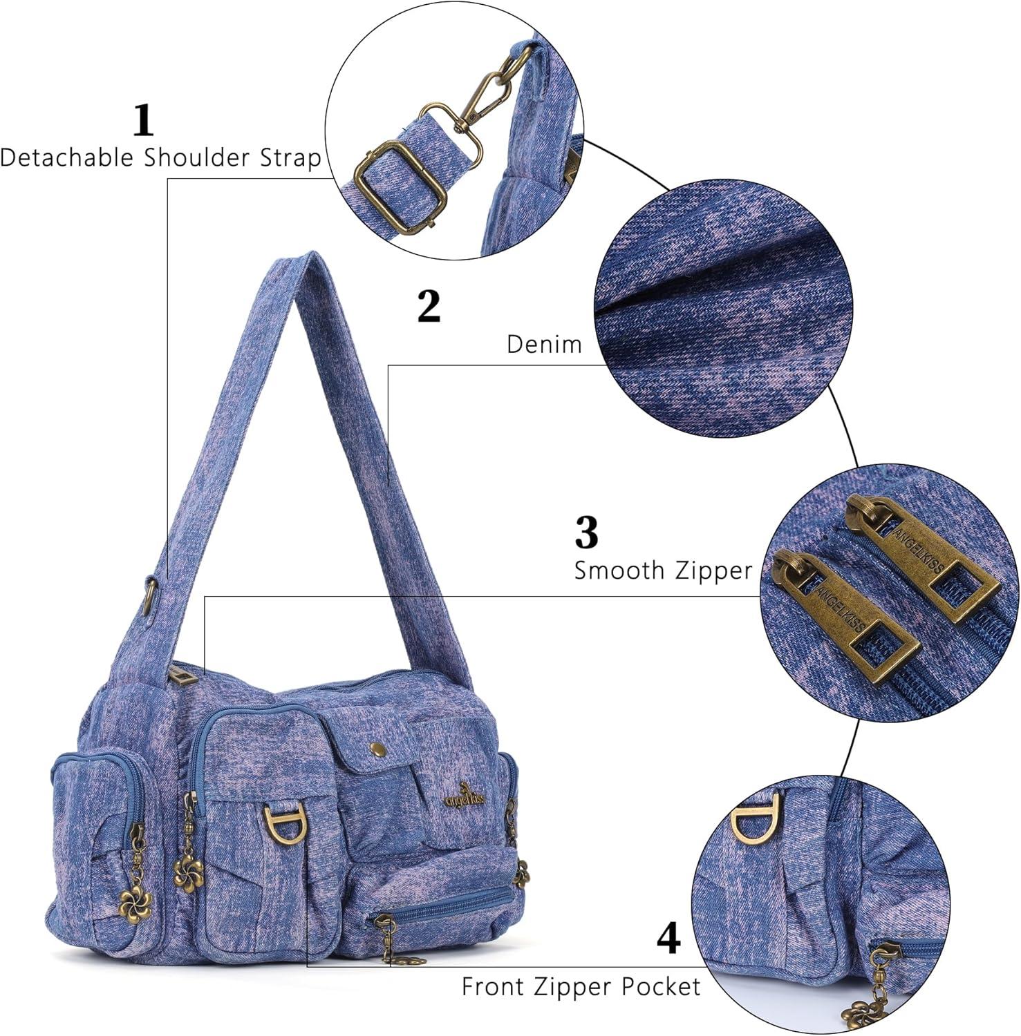 imageAngel Kiss Hobo Bags for WomenVintage Shoulder Purses for WomenSmall Crossbody Handbag with Adjustable StrapDenim Pink Blue