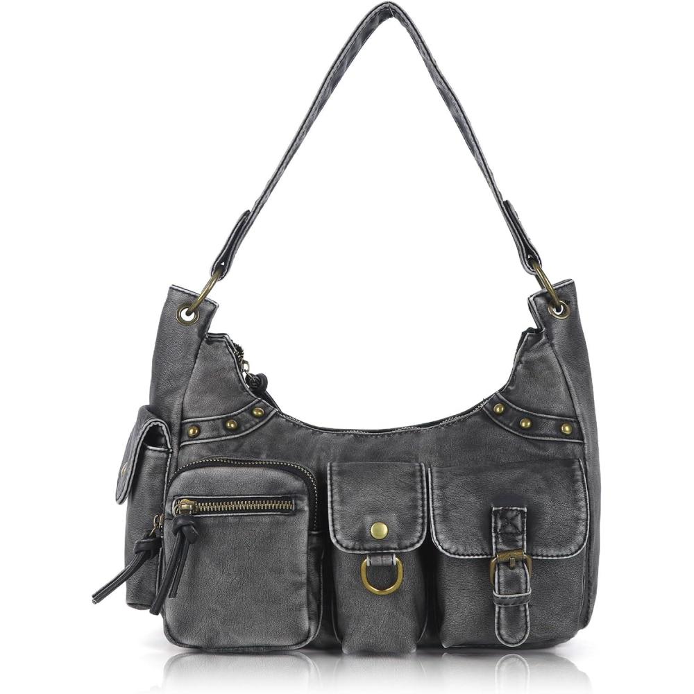 imageAngel Kiss Hobo Bag for Women Soft Vegan Leather Shoulder Handbag MultiPocket Tote Crossbody Bag Removable StrapBlack