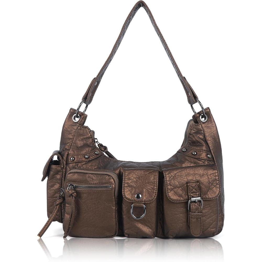 imageAngel Kiss Hobo Bag for Women Soft Vegan Leather Shoulder Handbag MultiPocket Tote Crossbody Bag Removable StrapBronze