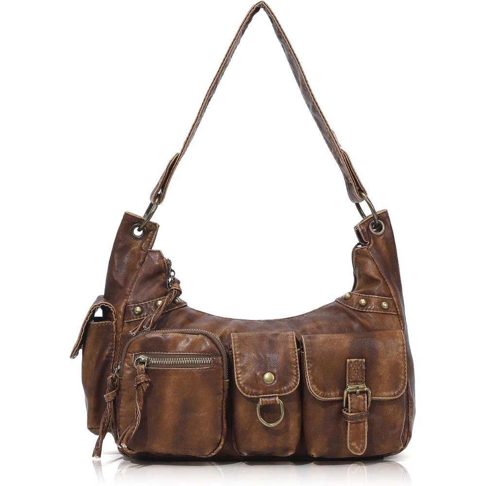 imageAngel Kiss Hobo Bag for Women Soft Vegan Leather Shoulder Handbag MultiPocket Tote Crossbody Bag Removable StrapBrown