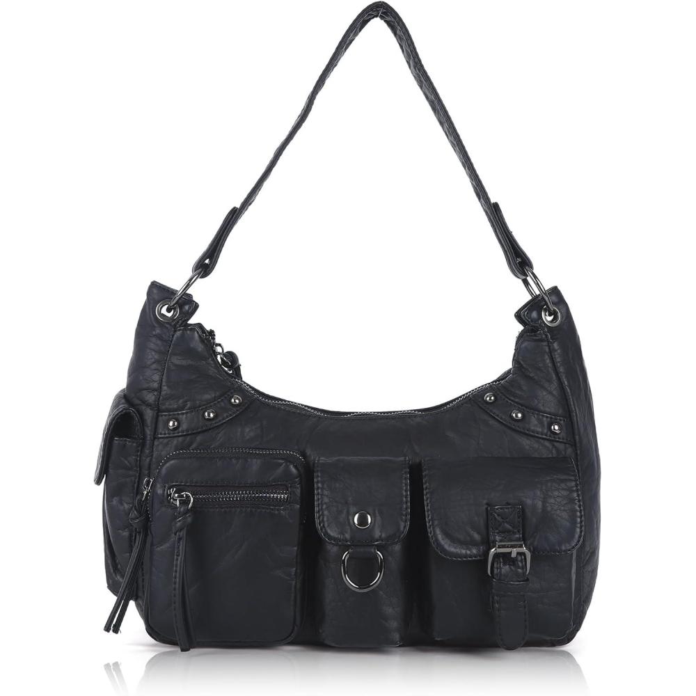 imageAngel Kiss Hobo Bag for Women Soft Vegan Leather Shoulder Handbag MultiPocket Tote Crossbody Bag Removable StrapClassic Black