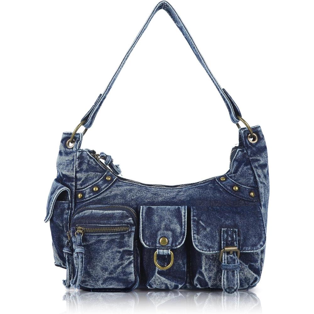imageAngel Kiss Hobo Bag for Women Soft Vegan Leather Shoulder Handbag MultiPocket Tote Crossbody Bag Removable StrapDenim Blue