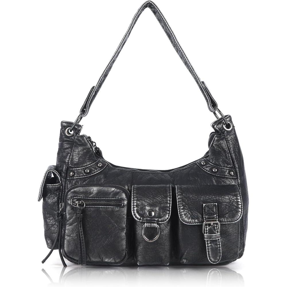 imageAngel Kiss Hobo Bag for Women Soft Vegan Leather Shoulder Handbag MultiPocket Tote Crossbody Bag Removable StrapSilver Black