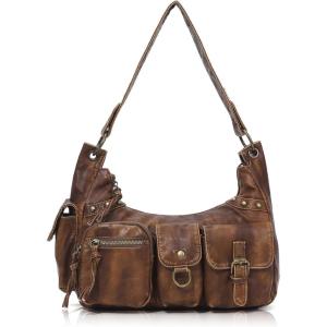 Angel Kiss Hobo Bag for Women Soft Vegan Leather Shoulder Handbag Multi-Pocket Tote Crossbody Bag, Removable Strap(Brown)