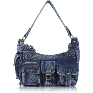 Angel Kiss Hobo Bag for Women Soft Vegan Leather Shoulder Handbag Multi-Pocket Tote Crossbody Bag, Removable Strap(Denim Blue)