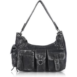 Angel Kiss Hobo Bag for Women Soft Vegan Leather Shoulder Handbag Multi-Pocket Tote Crossbody Bag, Removable Strap(Silver Black)