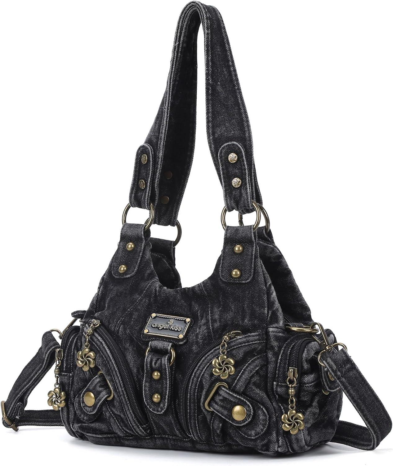 imageAngel Kiss Purses for Women Small Hobo Shoulder Bags Vagen Leather MultiPocket Tote Bag with ZipperDenim Black