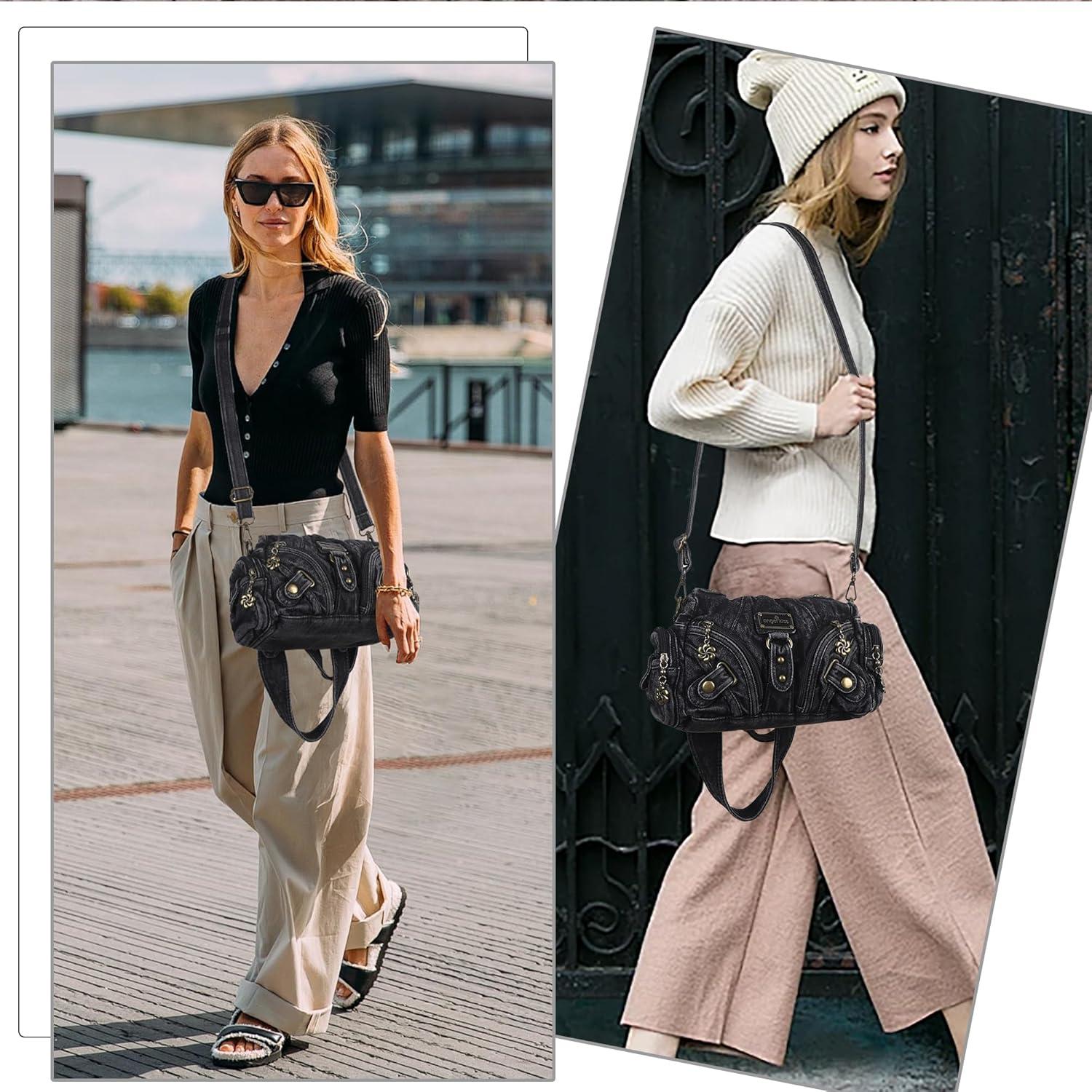 imageAngel Kiss Purses for Women Small Hobo Shoulder Bags Vagen Leather MultiPocket Tote Bag with ZipperDenim Black
