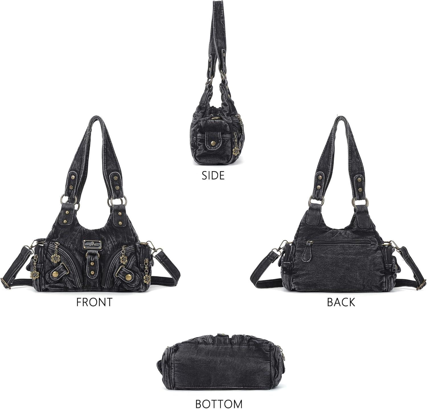 imageAngel Kiss Purses for Women Small Hobo Shoulder Bags Vagen Leather MultiPocket Tote Bag with ZipperDenim Black