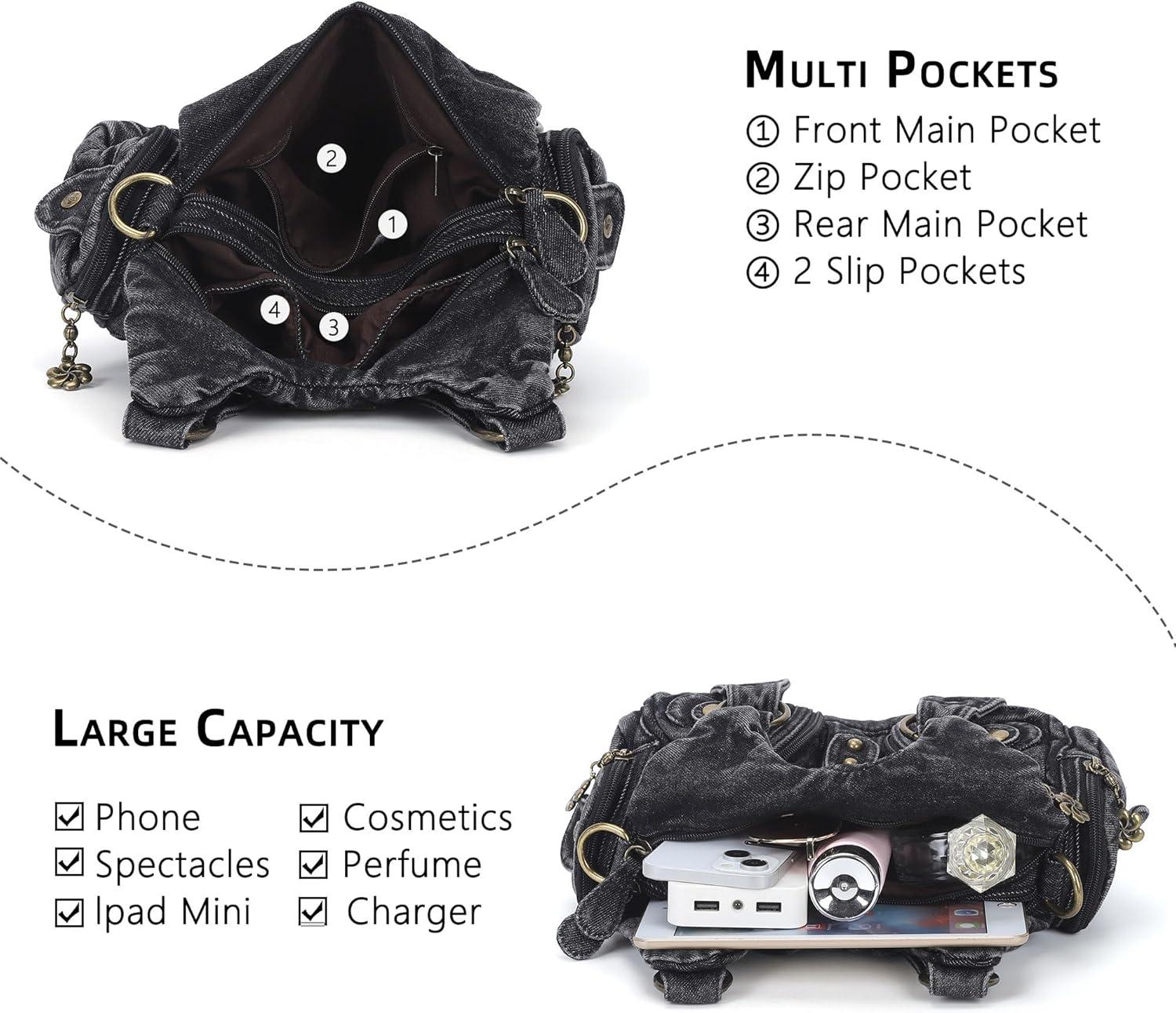 imageAngel Kiss Purses for Women Small Hobo Shoulder Bags Vagen Leather MultiPocket Tote Bag with ZipperDenim Black