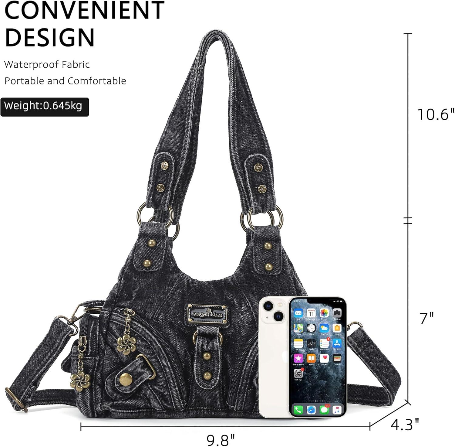imageAngel Kiss Purses for Women Small Hobo Shoulder Bags Vagen Leather MultiPocket Tote Bag with ZipperDenim Black