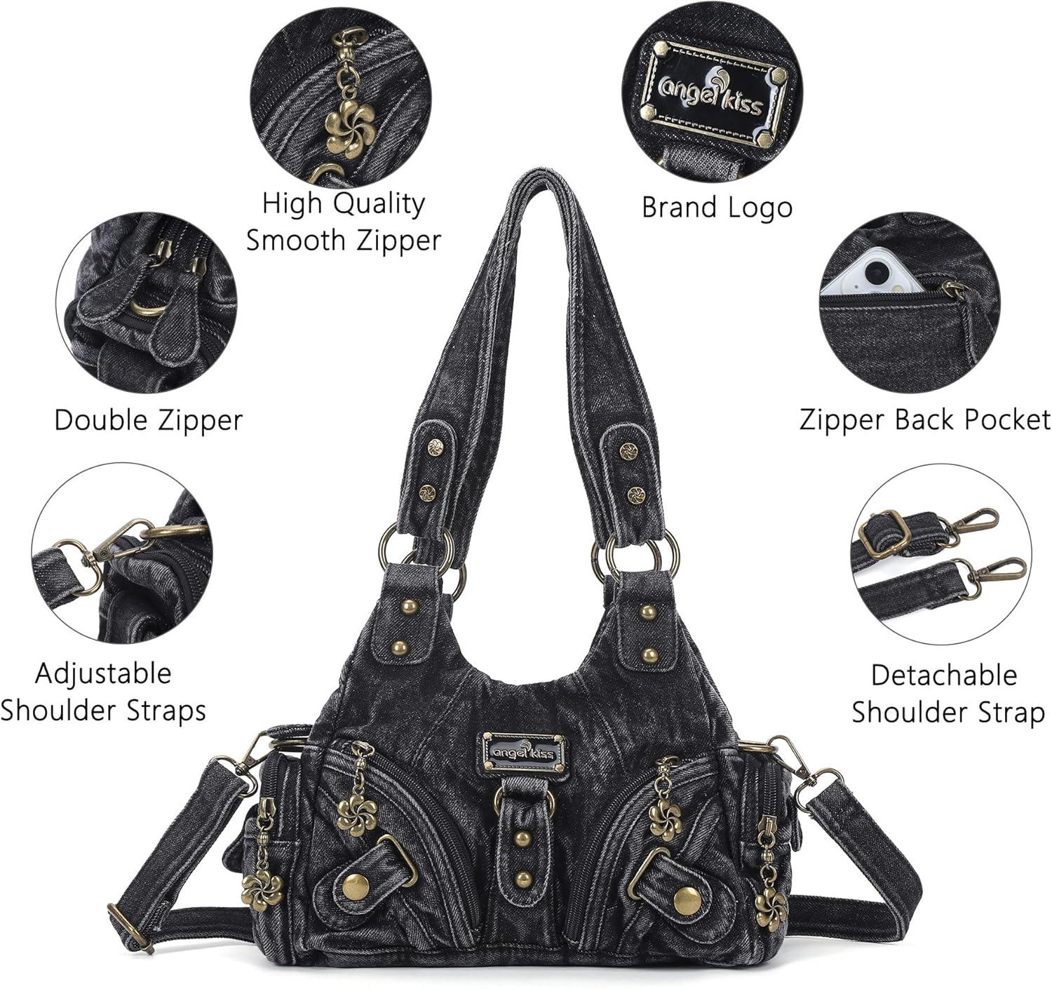 imageAngel Kiss Purses for Women Small Hobo Shoulder Bags Vagen Leather MultiPocket Tote Bag with ZipperDenim Black