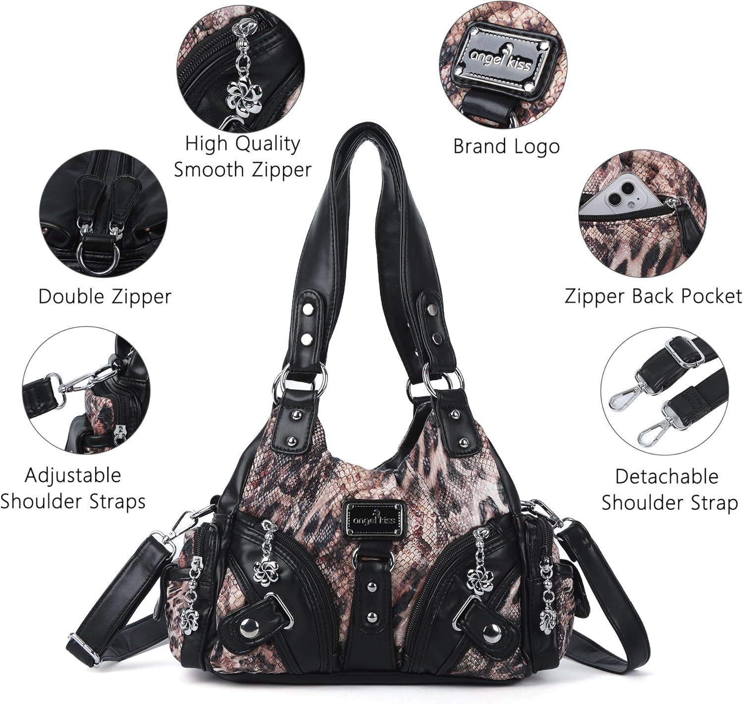 imageAngel Kiss Purses for Women Small Hobo Shoulder Bags Vagen Leather MultiPocket Tote Bag with ZipperLeopad BlackBrown