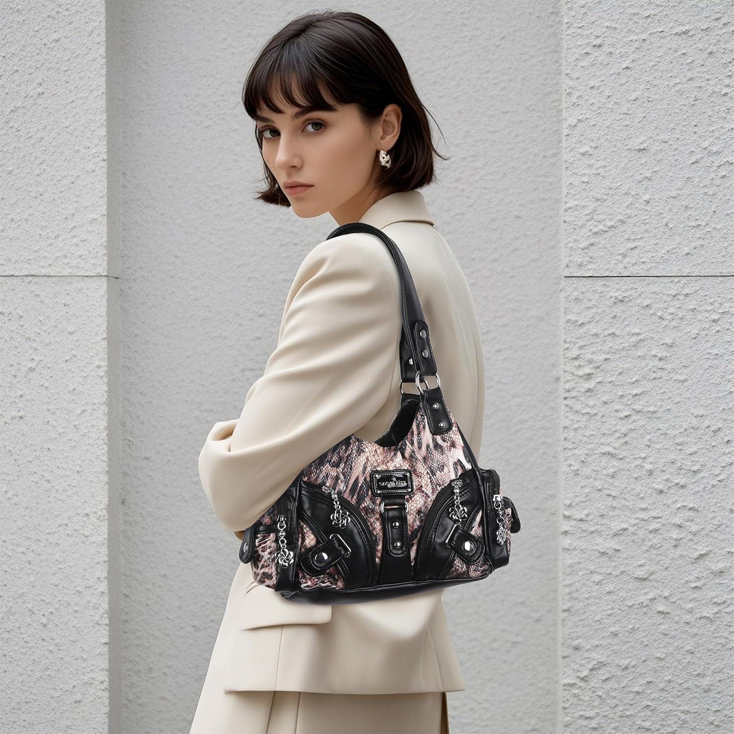 imageAngel Kiss Purses for Women Small Hobo Shoulder Bags Vagen Leather MultiPocket Tote Bag with ZipperLeopad BlackBrown