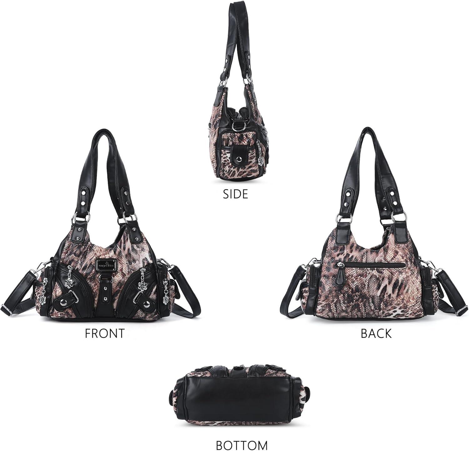 imageAngel Kiss Purses for Women Small Hobo Shoulder Bags Vagen Leather MultiPocket Tote Bag with ZipperLeopad BlackBrown