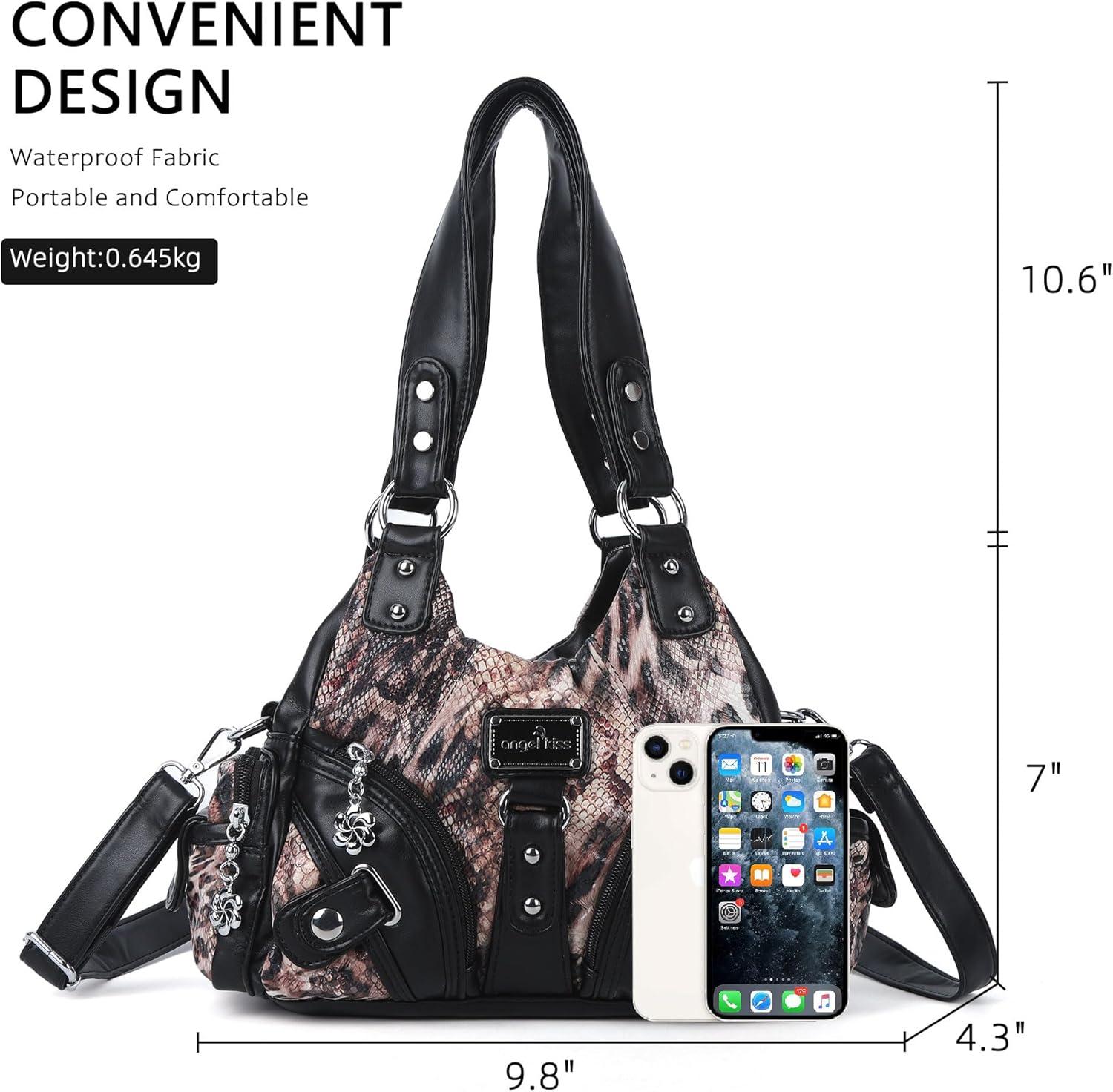 imageAngel Kiss Purses for Women Small Hobo Shoulder Bags Vagen Leather MultiPocket Tote Bag with ZipperLeopad BlackBrown