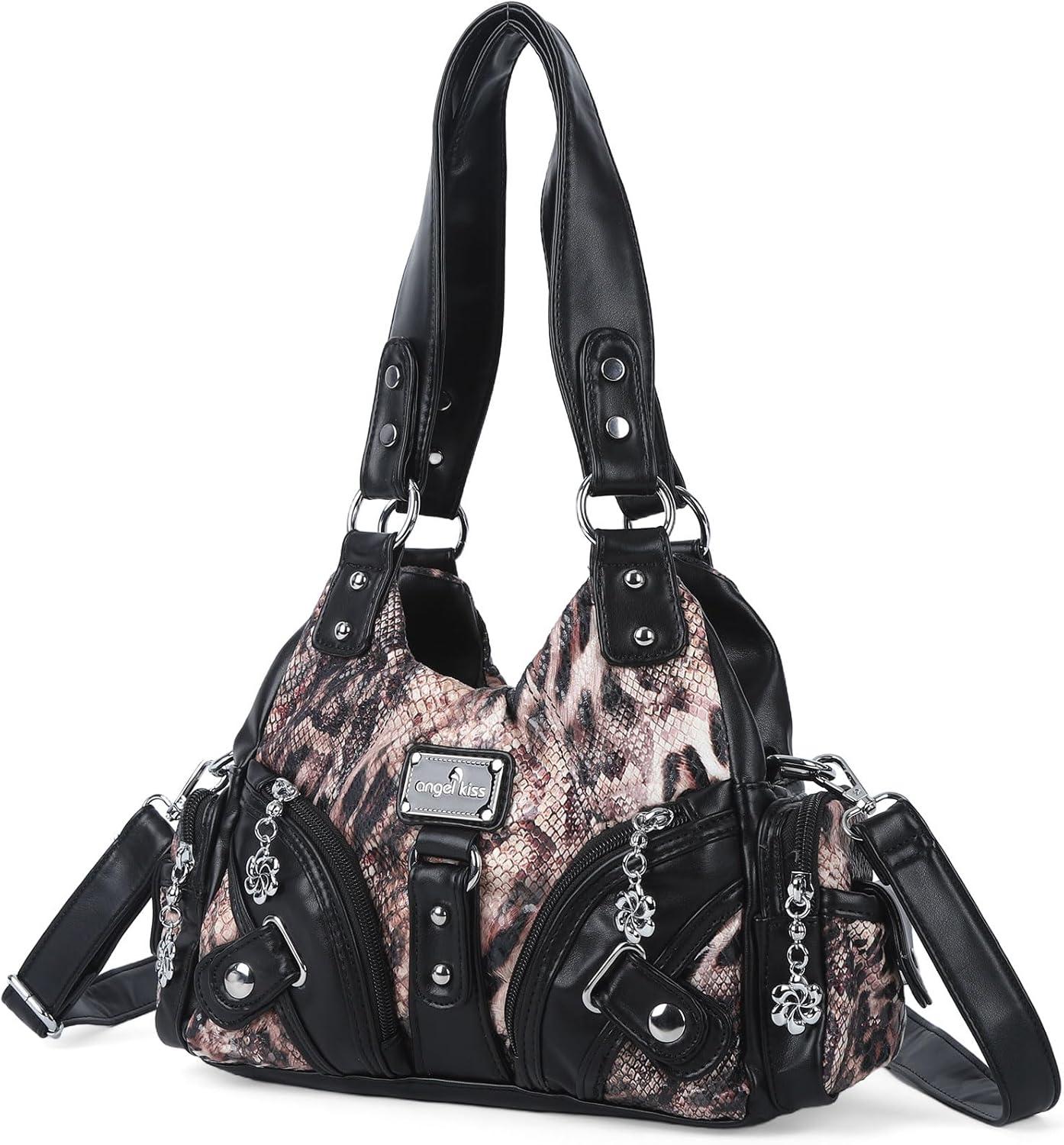 imageAngel Kiss Purses for Women Small Hobo Shoulder Bags Vagen Leather MultiPocket Tote Bag with ZipperLeopad BlackBrown