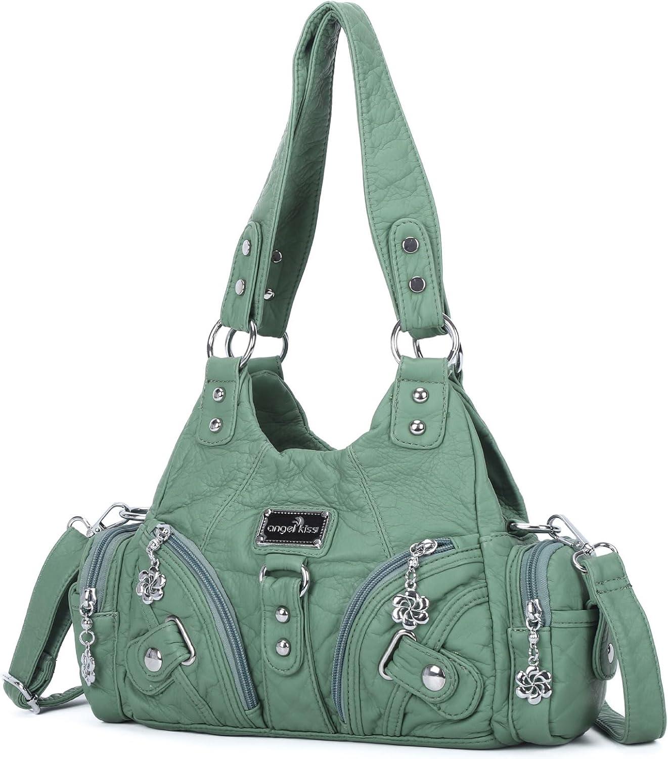 imageAngel Kiss Purses for Women Small Hobo Shoulder Bags Vagen Leather MultiPocket Tote Bag with ZipperLight Green