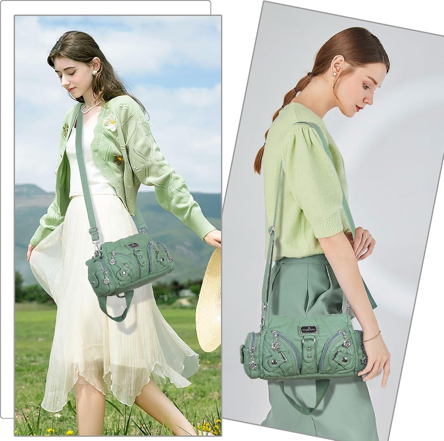 imageAngel Kiss Purses for Women Small Hobo Shoulder Bags Vagen Leather MultiPocket Tote Bag with ZipperLight Green