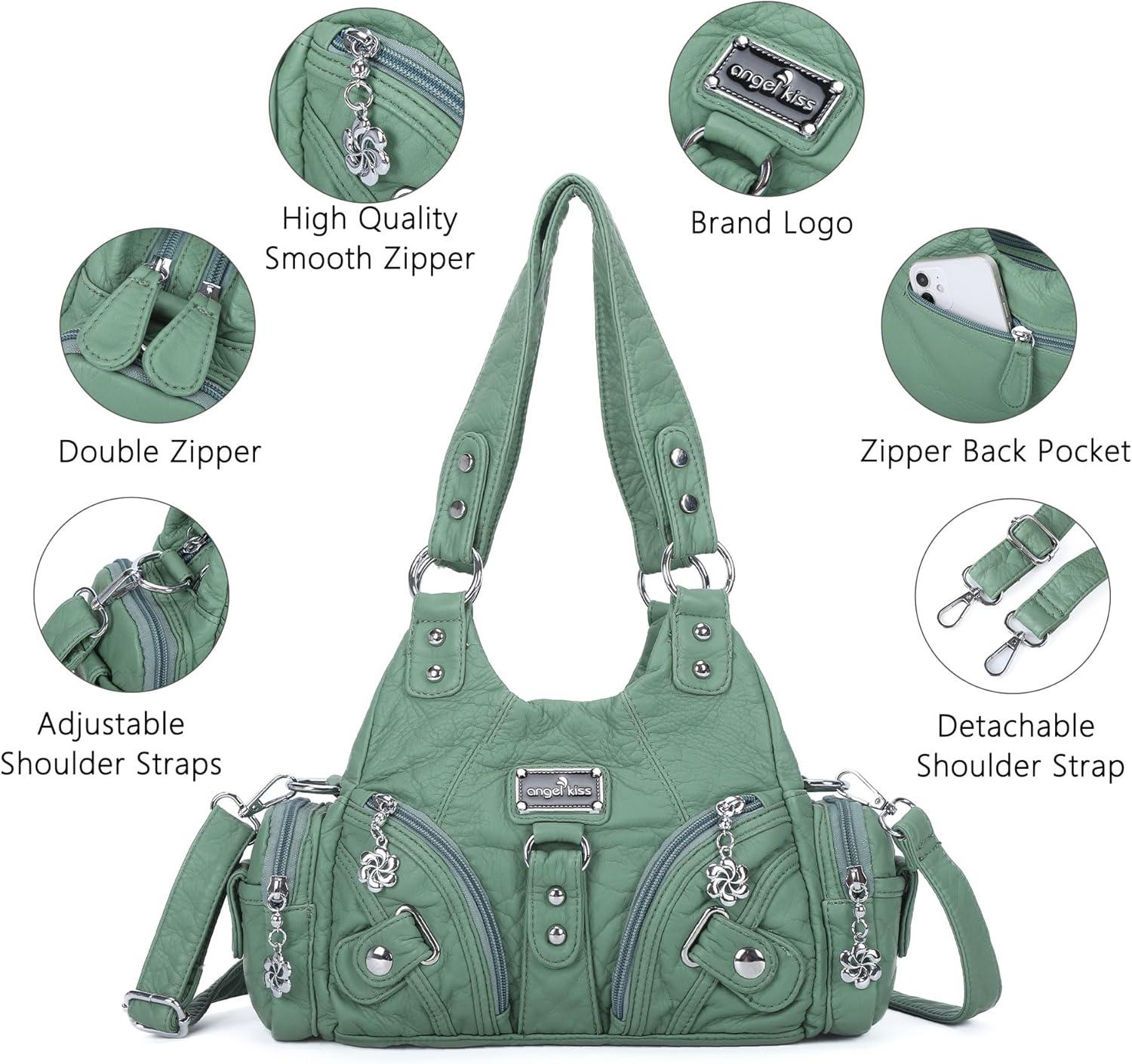 imageAngel Kiss Purses for Women Small Hobo Shoulder Bags Vagen Leather MultiPocket Tote Bag with ZipperLight Green