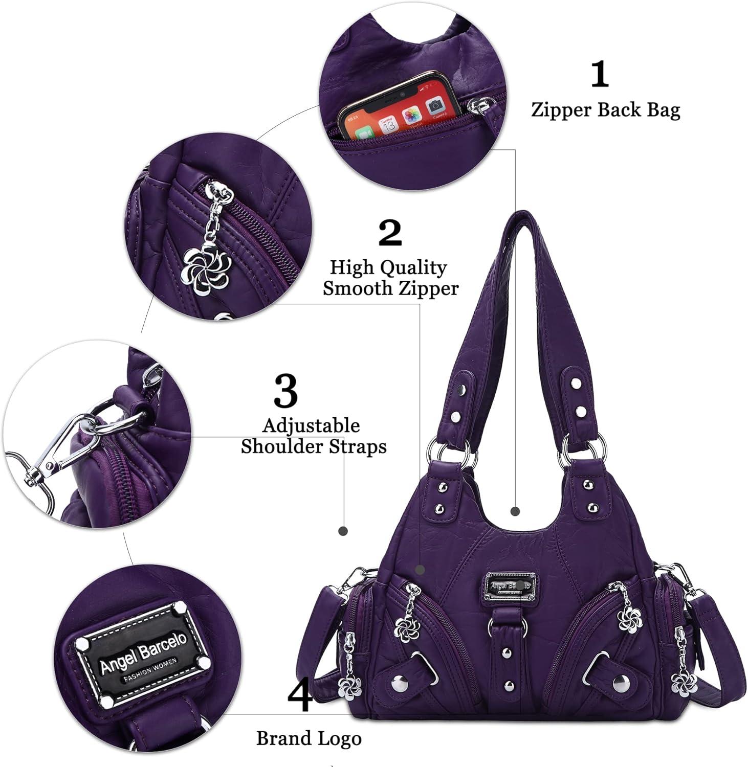 imageAngel Kiss Purses for Women Small Hobo Shoulder Bags Vagen Leather MultiPocket Tote Bag with ZipperPurple