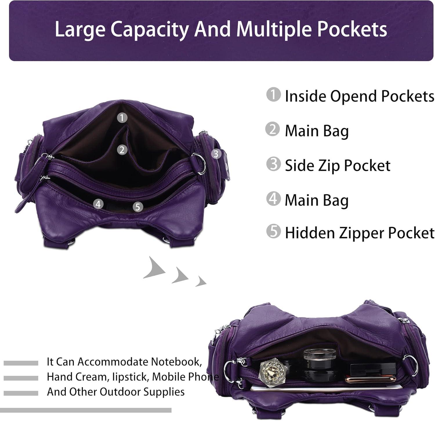 imageAngel Kiss Purses for Women Small Hobo Shoulder Bags Vagen Leather MultiPocket Tote Bag with ZipperPurple