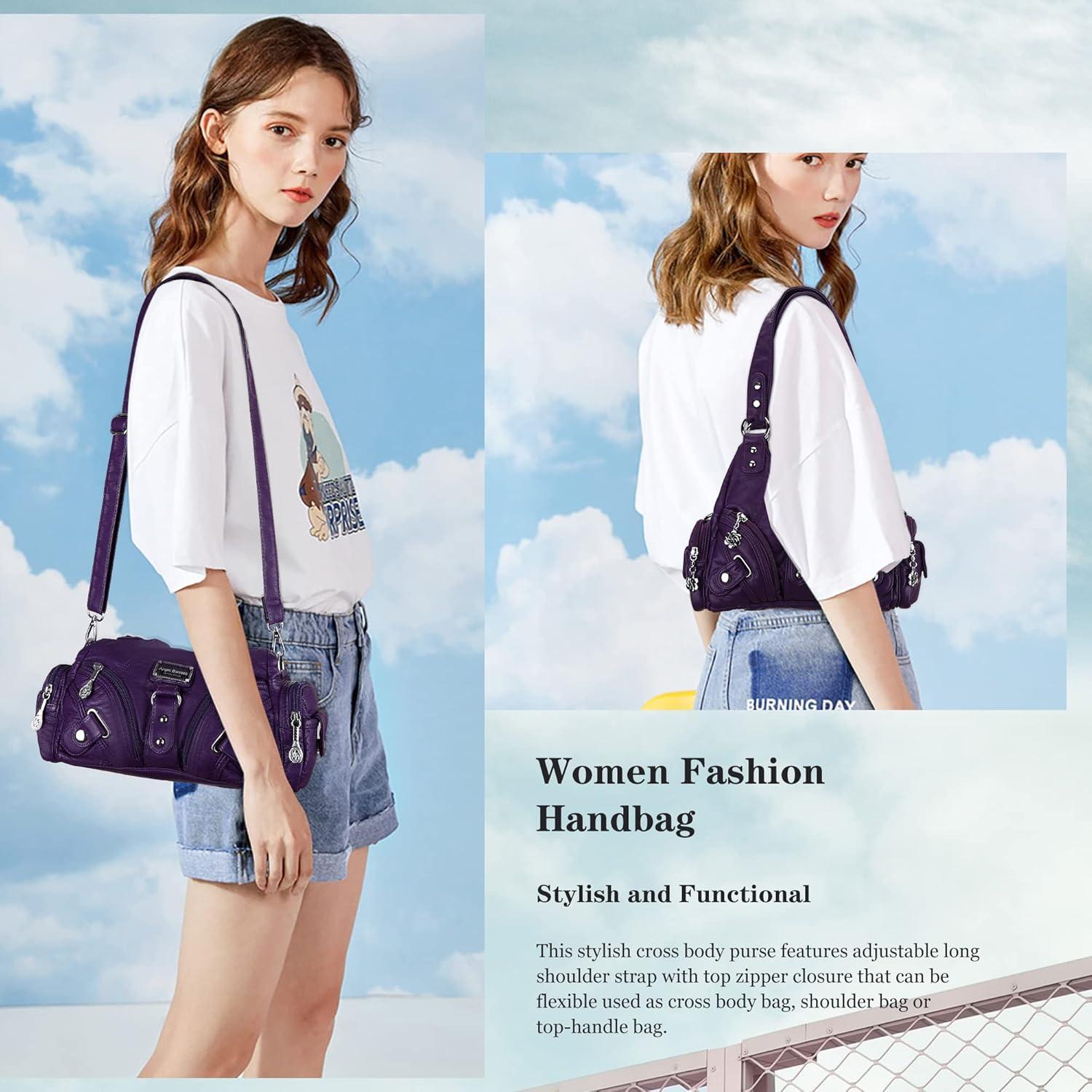 imageAngel Kiss Purses for Women Small Hobo Shoulder Bags Vagen Leather MultiPocket Tote Bag with ZipperPurple