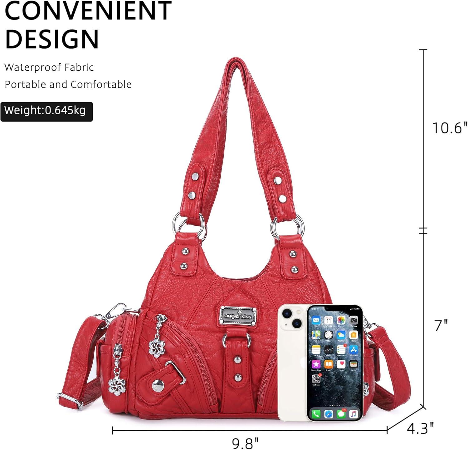 imageAngel Kiss Purses for Women Small Hobo Shoulder Bags Vagen Leather MultiPocket Tote Bag with ZipperRed