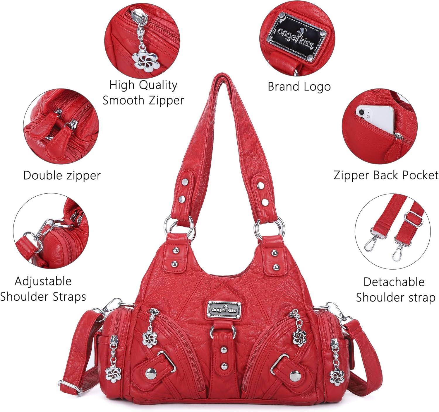 imageAngel Kiss Purses for Women Small Hobo Shoulder Bags Vagen Leather MultiPocket Tote Bag with ZipperRed