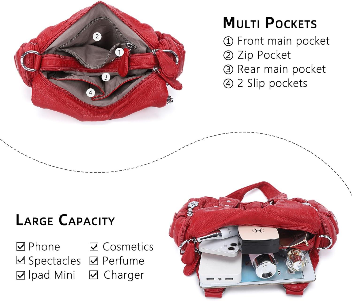 imageAngel Kiss Purses for Women Small Hobo Shoulder Bags Vagen Leather MultiPocket Tote Bag with ZipperRed