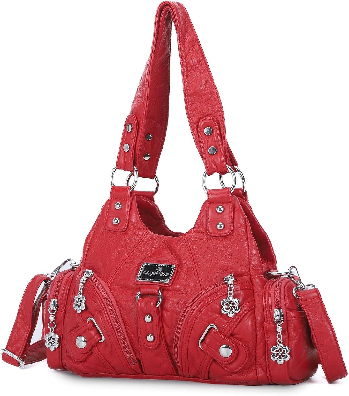 imageAngel Kiss Purses for Women Small Hobo Shoulder Bags Vagen Leather MultiPocket Tote Bag with ZipperRed