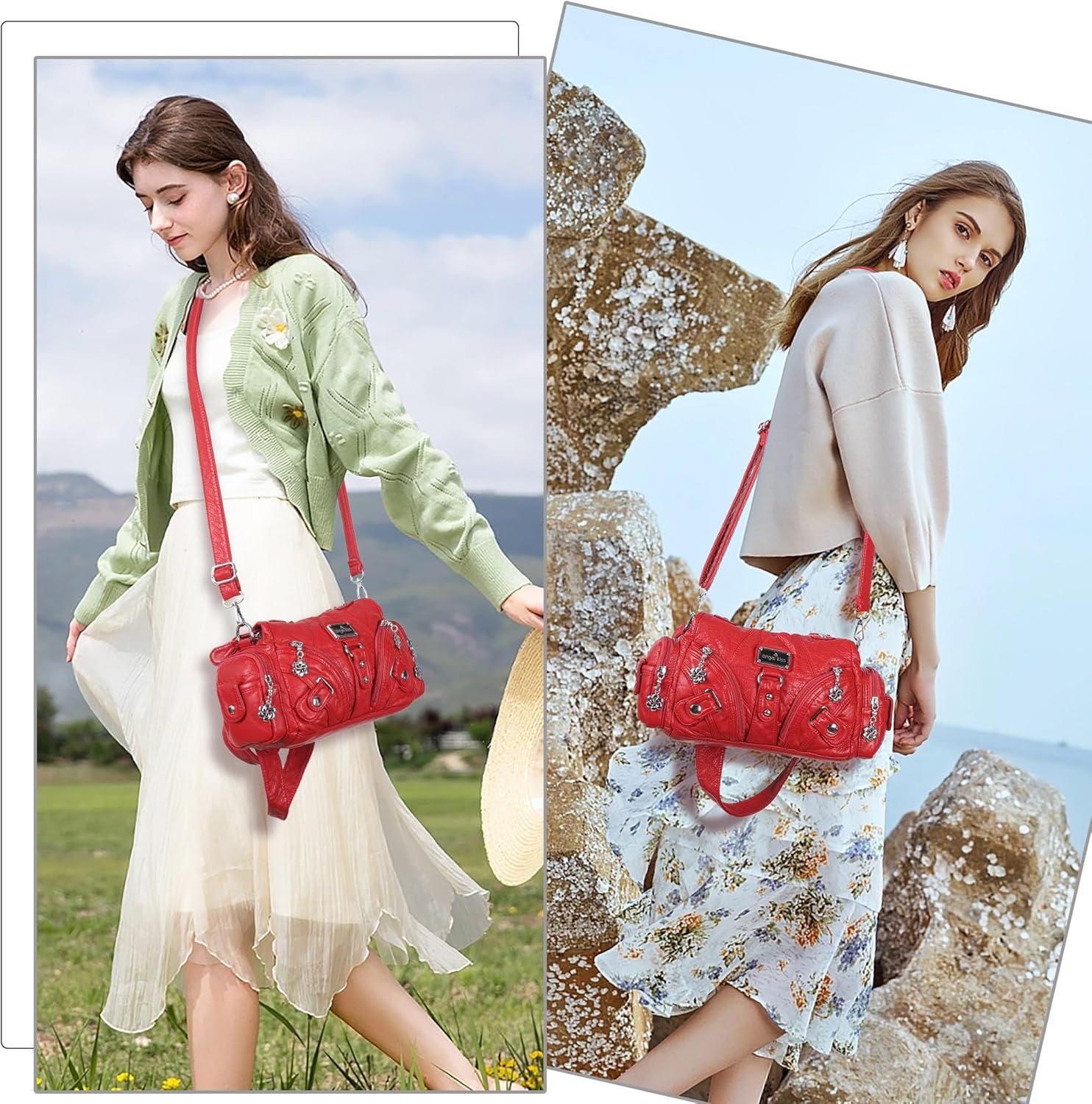 imageAngel Kiss Purses for Women Small Hobo Shoulder Bags Vagen Leather MultiPocket Tote Bag with ZipperRed