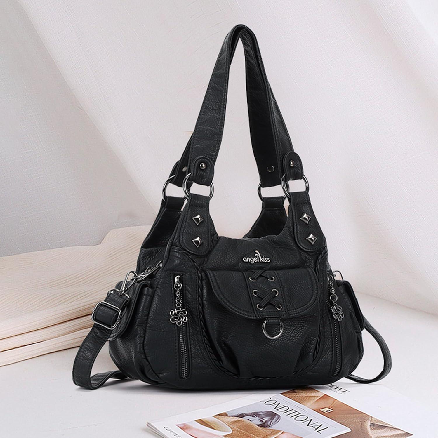 imageAngel Kiss Small Purses for Women Hobo Shoulder Bags Y2K Vegan Leather MultiPocket Handbags Designer Crossbody Tote BagBlack